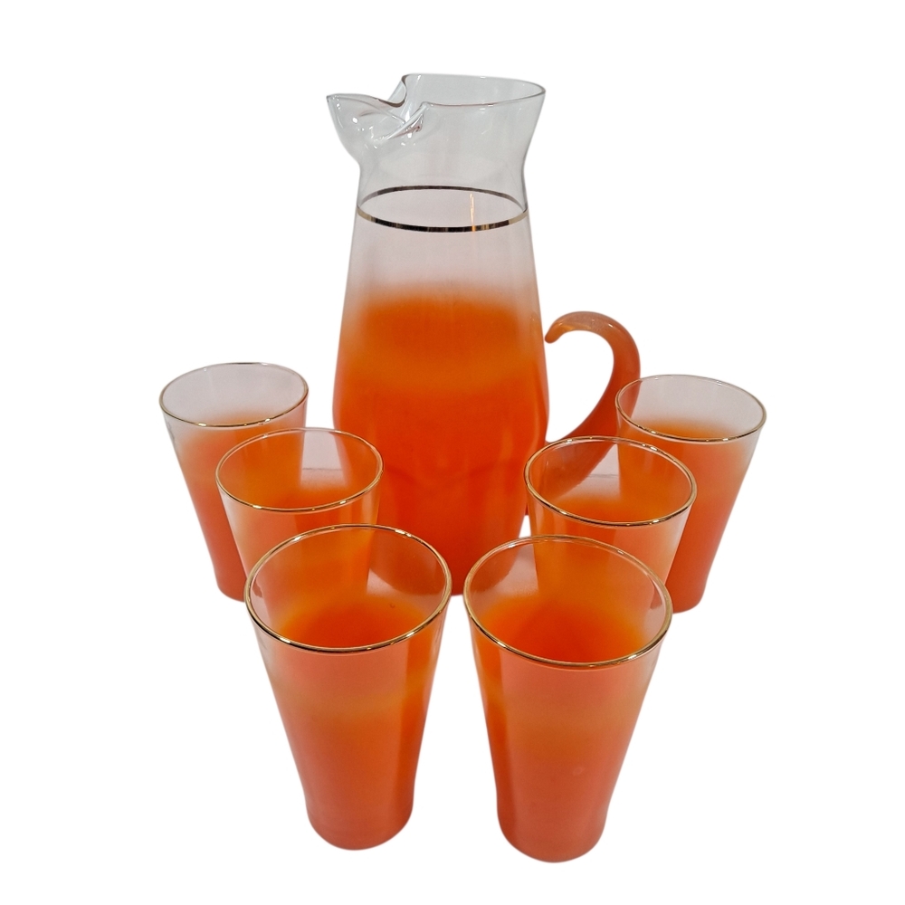 Vintage Blendo Ombré Frosted Orange Glass Pitcher & 6 Glasses Gold Trim Accent